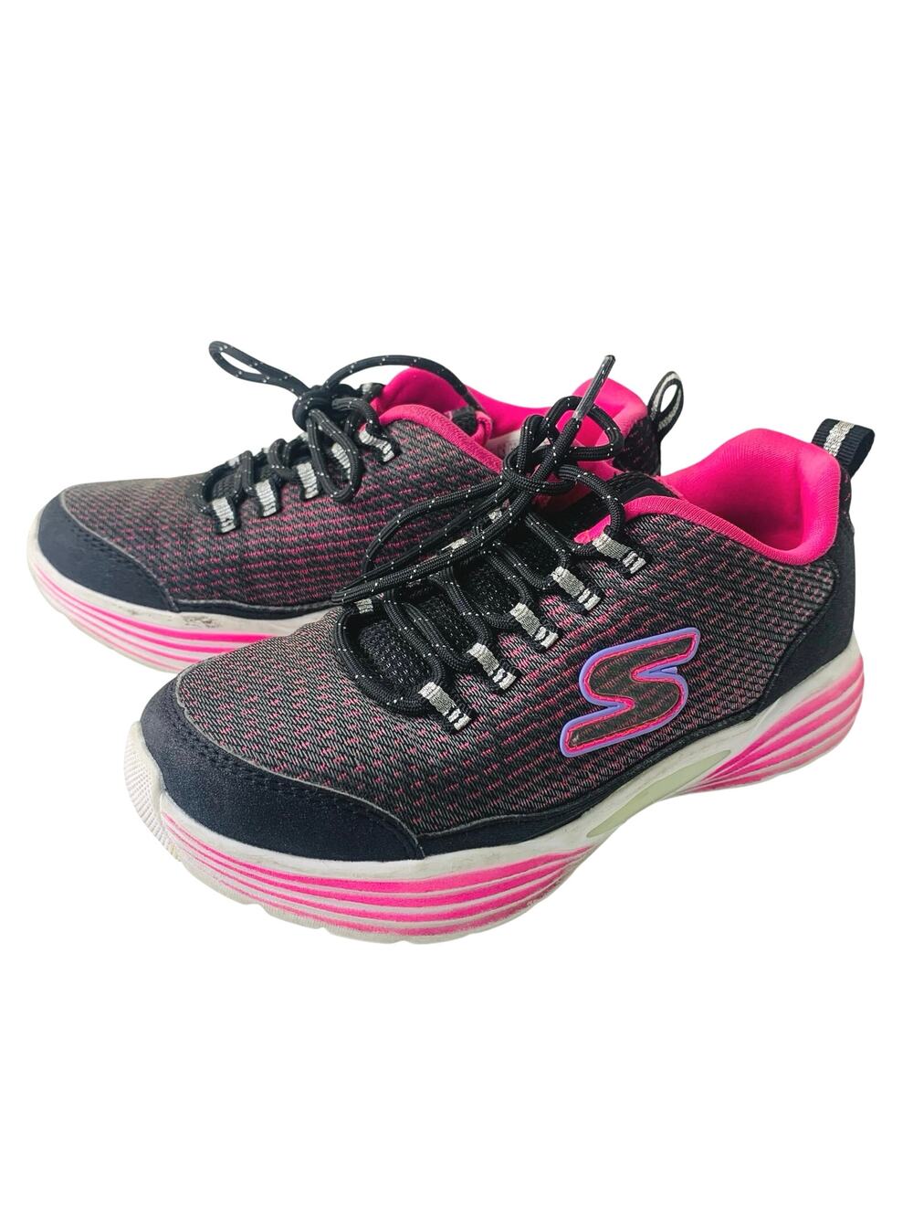 Skechers Size 1 Kids Girl's Luminators Luxe Sneakers Black Pink Athletic Shoes